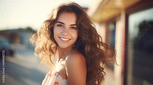 Beautiful happy young woman closeup portrait. Pretty model girl with perfect fresh clean skin smiling outdoors. Beauty, summer fun, enjoy life, people concept 