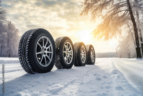 Icy Journey: Four Snow Tires on Wintry Road © AIproduction