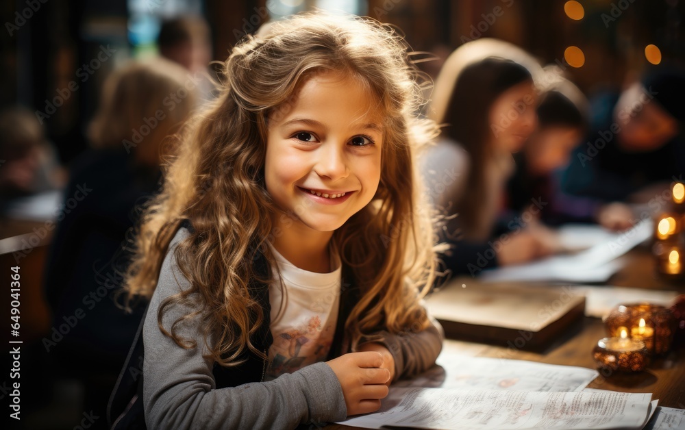 Young cute girl smiling studying in the classroom sitting at the desk. Generative AI Young cute girl smiling studying in the classroom sitting at the desk. Generative AI