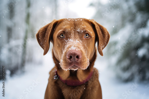 Brown Labrador Frolicking in Snow