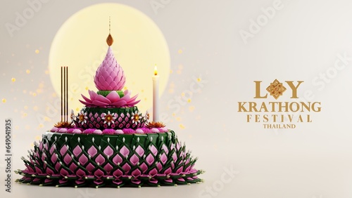 3d rendering illustration Loy Krathong festival  and Yi Peng festival in thailand  krathong from banana leaves, flowers, candles and incense sticks, fullmoon, river, and night background color.