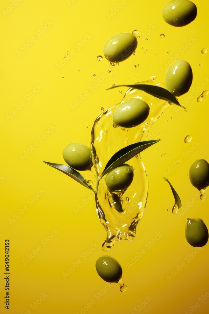 Fototapeta premium Green olives and olive oil floating on a green background