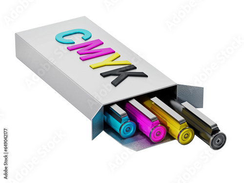 CMYK color pens inside white box. Transparent background. 3D illustration