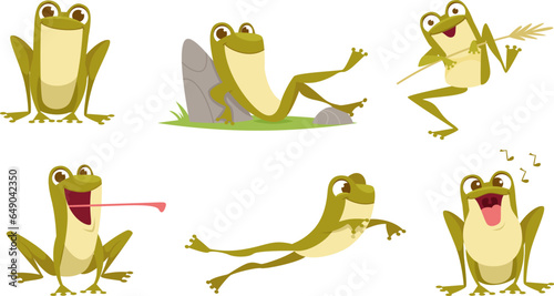 Frog. Cartoon cute toad in action poses exact active jumping lazy frog photo
