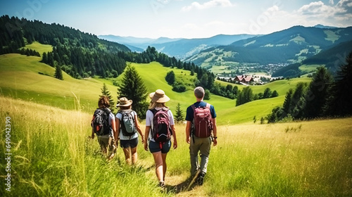 Group of hiking young people in mountain landscape. Generative ai.