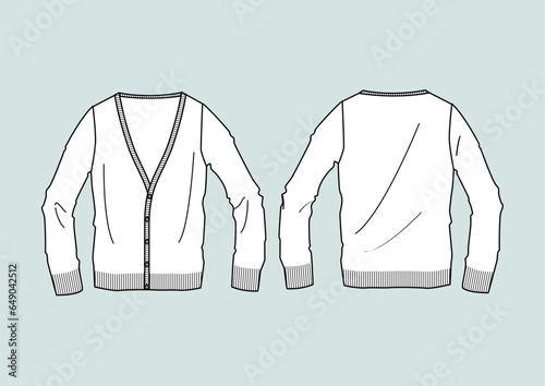 Cardigan maglia uomo con bottoni disegno piatto sketch fashion illustration fronte e retro mock up vettoriale