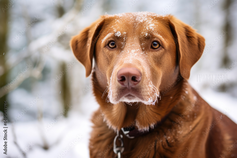 Snowy Forest Playtime: Close-Up of a Playful Brown Labrador