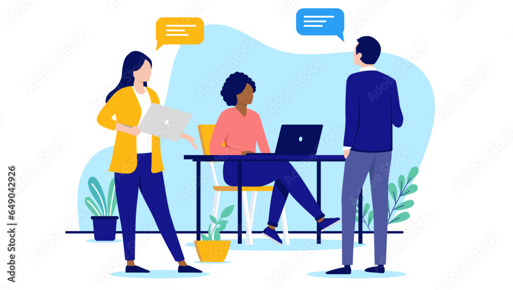 Work communication - People in office talking and having conversation about business. Flat design vector illustration with white background Work communication - People in office talking and having conversation about business. Flat design vector illustration with white background