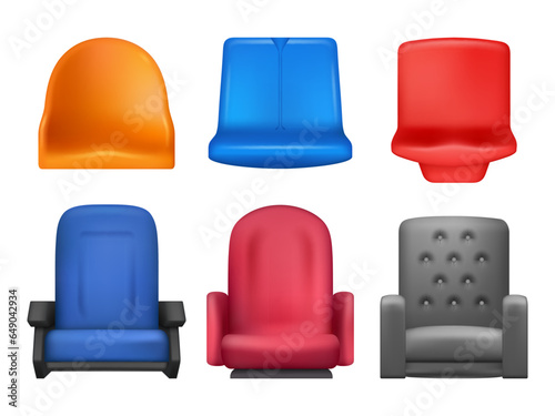 Plastic chairs. Stadium tribune places decent vector chair rows different style