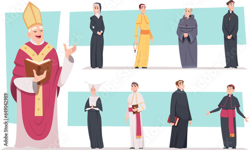 Religion characters. Authentic people from catholic church exact vector cartoon illustrations set