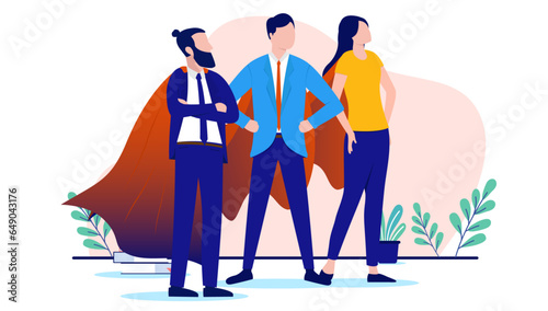 Business superheroes - Vector illustration of team of three businesspeople standing with superhero cape after achievement and success. Flat design on white background