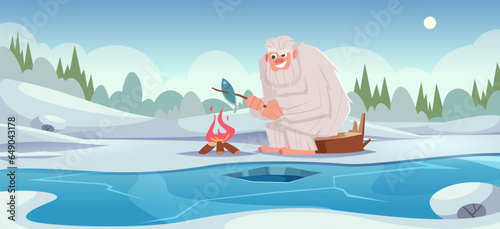 Bigfoot background. Cartoon fantasy landscape outdoor creature animal bigfoot exact vector character