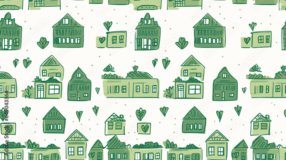 Pattern of green houses. cute hand drawn houses on a pattern for textiles, backgrounds, wallpapers, wrapping paper, fabrics.