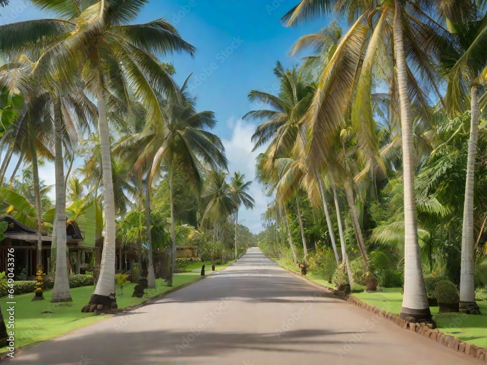 a road lined with palm trees and bushes