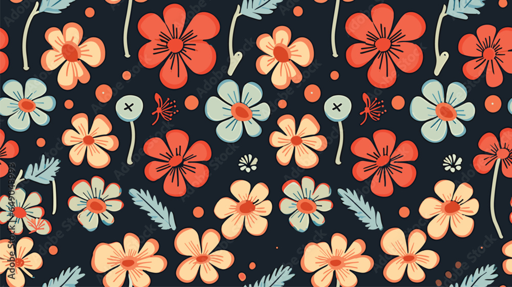 Retro 70s 60s Hippie Groovy Flower vector seamless pattern. Boho retro colours whimsical fly agaric dark background fungus surface design. Retro 70s 60s Hippie Groovy Flower vector seamless pattern. Boho retro colours whimsical fly agaric dark background fungus surface design.