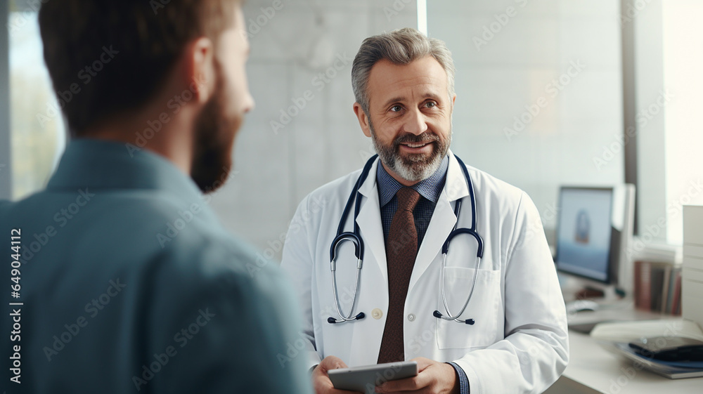 Doctor with clipboard talking to smiling patient at hospital or health clinic Doctor with clipboard talking to smiling patient at hospital or health clinic