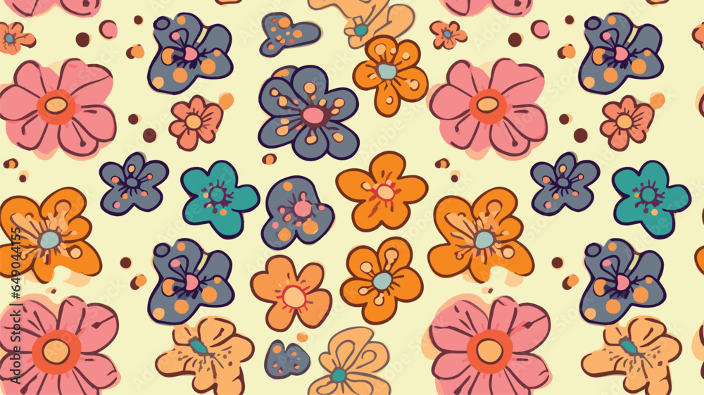 Retro 70s psychedelic seamless pattern, groovy hippie backgrounds. Cartoon funky print with flowers and mushrooms, hippy pattern vector set.