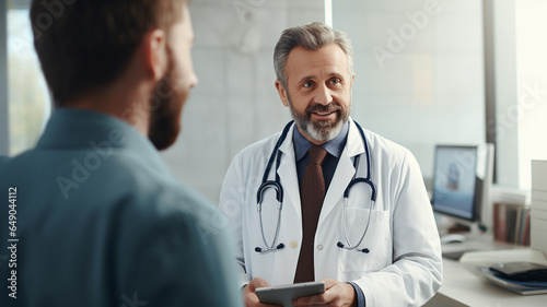 Doctor with clipboard talking to smiling patient at hospital or health clinic