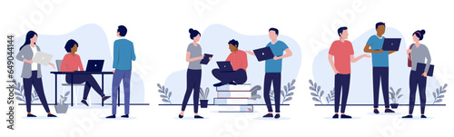 People in office vector collection - Illustration bundle of businesspeople working in teams using computers and having conversation. Flat design on white background