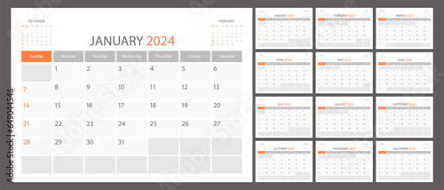 Calendar planner 2024 vector schedule month calender, organizer template. Week starts on Sunday. Business personal page. Modern simple illustration © Sylfida