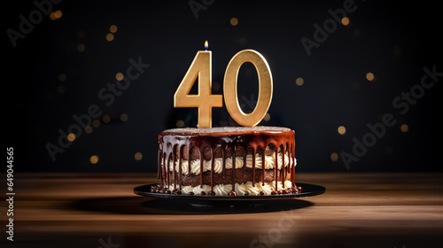 Birthday cake with number 40 on top on bokeh background, 40th years old happy birthday Cake with copyspace for text 
