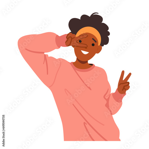 Teenage Girl Character Enthusiastically Flashes Victory Signs With Both Hands, Her Fingers Forming V-shaped Peace Signs