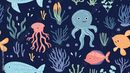Underwater world pattern. Cartoon inhabitants of the ocean. Fish, jellyfish and starfish on the pattern. © Qaasim