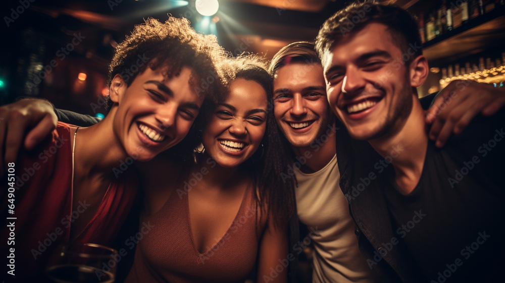 Group of friends smiling and drinking, having fun in bar or nightclub - obrazy, fototapety, plakaty 