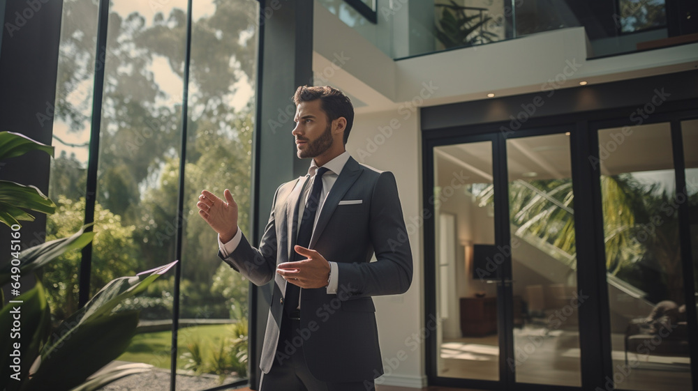 Handsome real estate agent wearing suit, giving tour through luxury home, concept of investing and home ownership - obrazy, fototapety, plakaty 