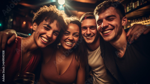 Fototapeta Group of friends smiling and drinking, having fun in bar or nightclub