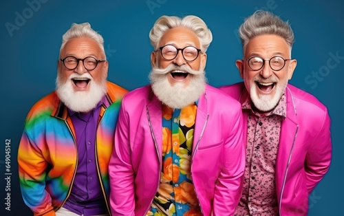 Funny old hipsters retired men wearing colorful clothes relaxing posing in a studio. Generative AI © piai