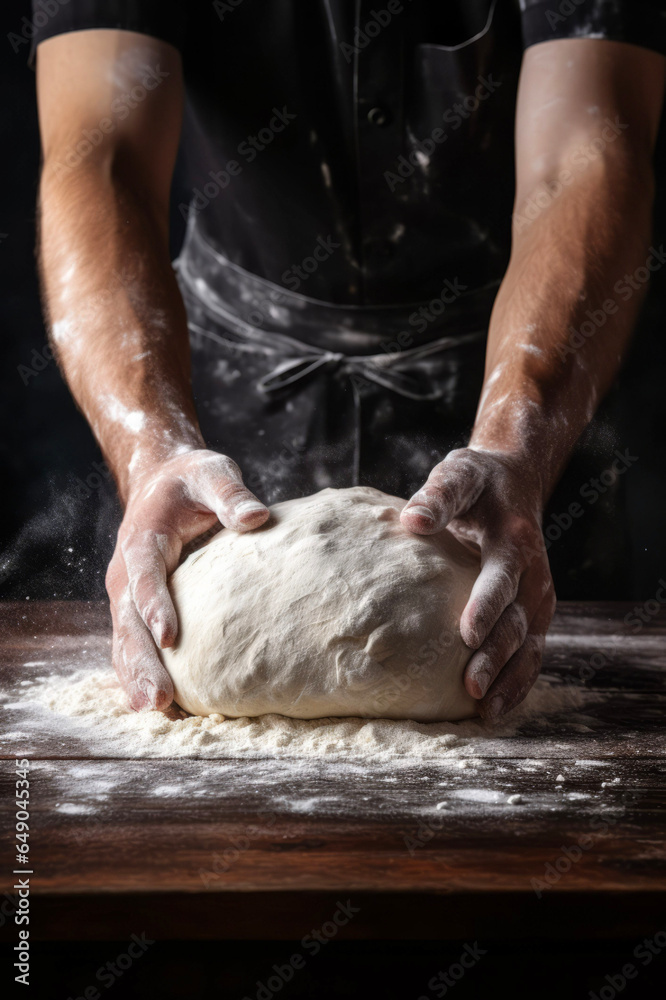 Ein erfahrener Bäcker knetet leidenschaftlich Teig - perfekte Aufnahme für Brot, Pizza und Backwaren, AI-Generiert