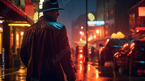 detective policial bajo la lluvia en la ciudad