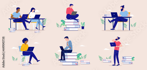 Education and training collection - Set of vector illustrations with adult students studying and learning with online computers and books. Flat design on beige background