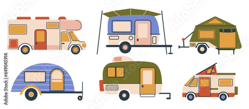 Fototapeta Naklejka Na Ścianę i Meble -  Camper Vans Set, Versatile Vehicles For Travel And Camping, Equipped With Sleeping, Cooking, And Living Amenities