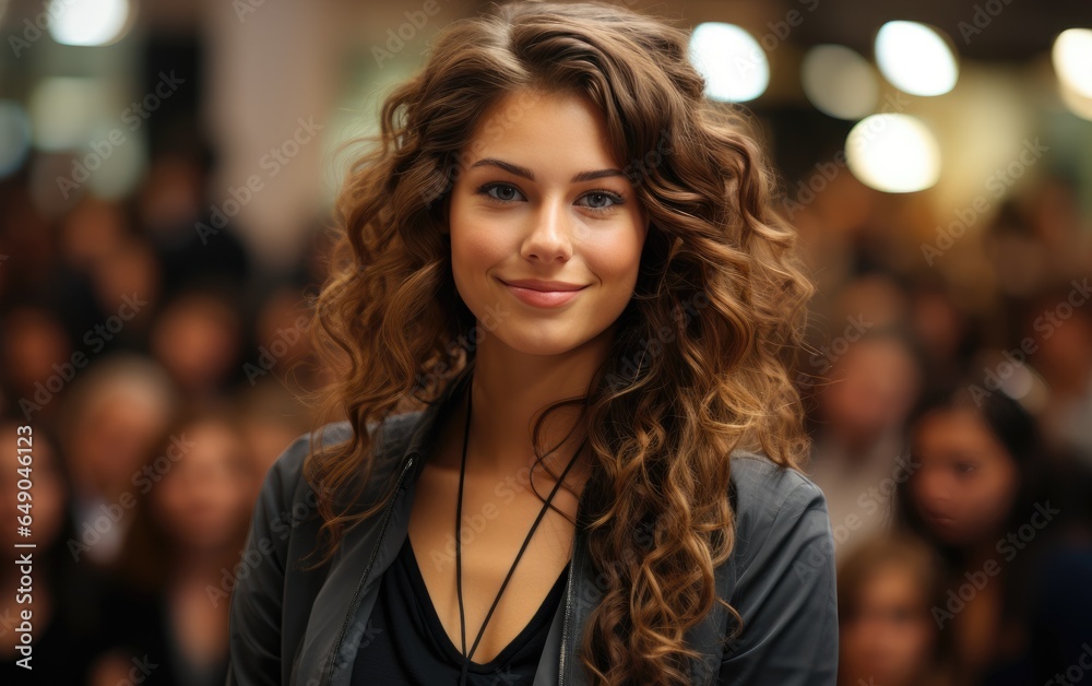 A leader speaker woman delivering an engaging and dynamic presentation