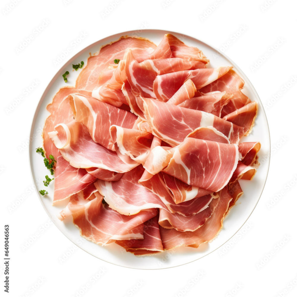 Plate of Thinly Sliced Prosciutto Isolated on a Transparent Background Plate of Thinly Sliced Prosciutto Isolated on a Transparent Background