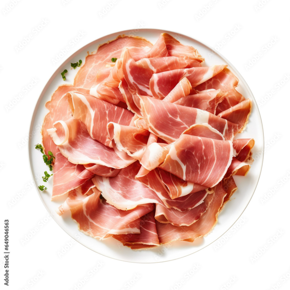 Plate of Thinly Sliced Prosciutto Isolated on a Transparent Background 