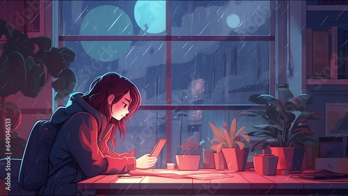 lofi animation blinking girl seamless loop. Created using Generative AI Technology