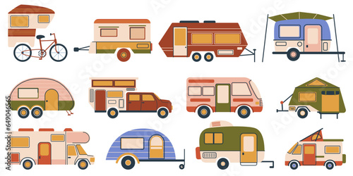 Set Of Camper Vans. Compact Vehicles For Travel And Living. They Combine Transportation And Accommodation, Vector