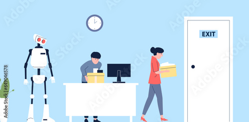Dismissal of employees, replacement of office workers with robot. Managers collect boxes, digitalization in working process vector concept