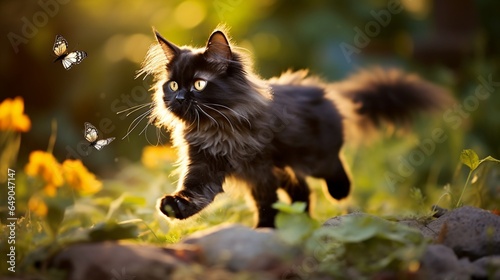 A charming long-haired black cat playfully chasing a butterfly in a garden.