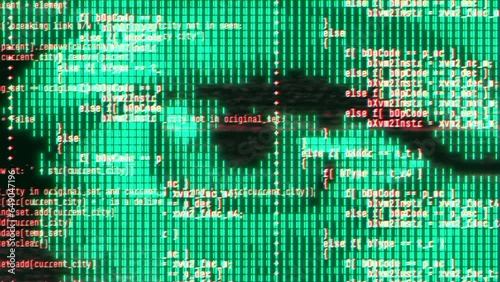 Green halftone digital cyber eye abstract background. Artificial intelligence and futuristic big data technology. Binary coding and spying concept