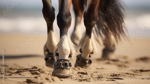 A close-up of a miniature horse's hooves as it gracefully prances on a sandy beach. photo