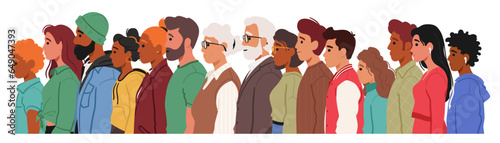 Characters Standing In Profile Face Sideways With Their Bodies And Faces Turned To One Side, Vector Illustration