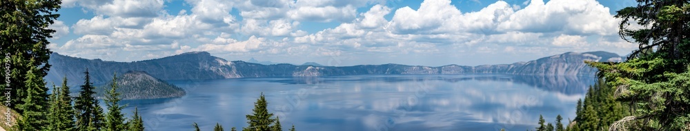 Panoramic view of Crater Lake and Wizard Island in Oregon 
