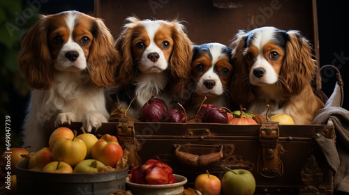 A group of Cavalier King Charles Spaniels gathered around a vintage picnic basket, their expressive eyes eagerly awaiting a treat. © nomi_creative