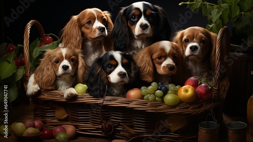 A group of Cavalier King Charles Spaniels gathered around a vintage picnic basket, their expressive eyes eagerly awaiting a treat. © nomi_creative