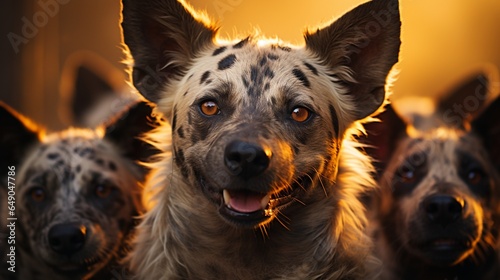 A group of hyenas with menacing grins, their spotted coats standing out in the African twilight.