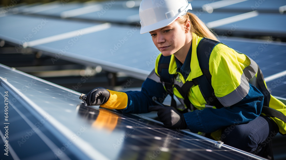 Female solar panel engineer installing or repairing solar panels, concept of sustainable development and technology - obrazy, fototapety, plakaty 